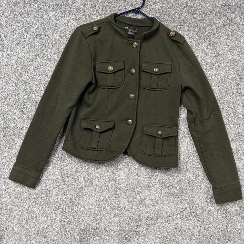Vintage Y2K JJ Basics Jacket Green Military Fleece Buttons Pockets Army Chic